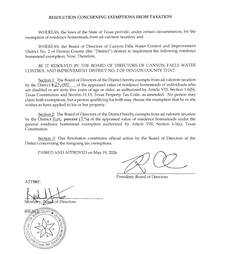 Canyon Falls Water Control and Improvement District No. 2 of Denton County - Tax Exemptions 2026
